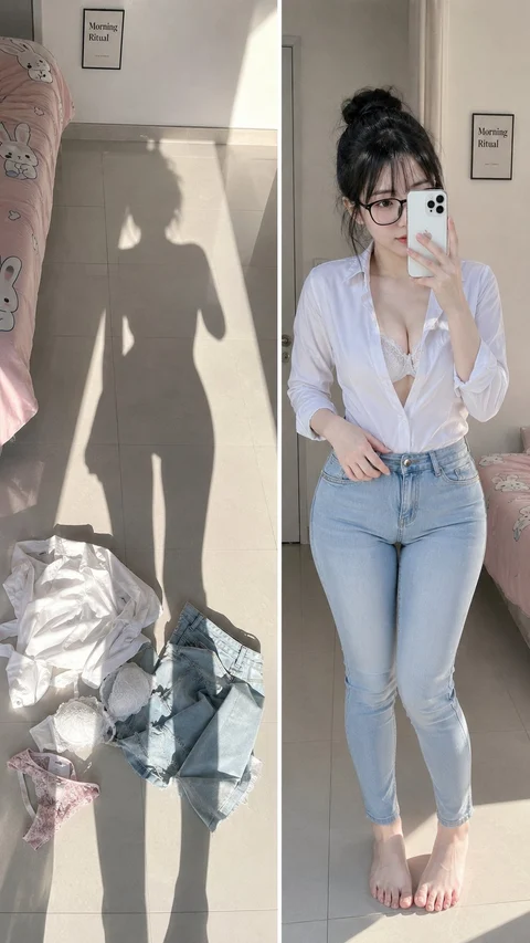 A woman in a tied white blouse and pale blue jeans takes a mirror selfie in a sunlit hallway.