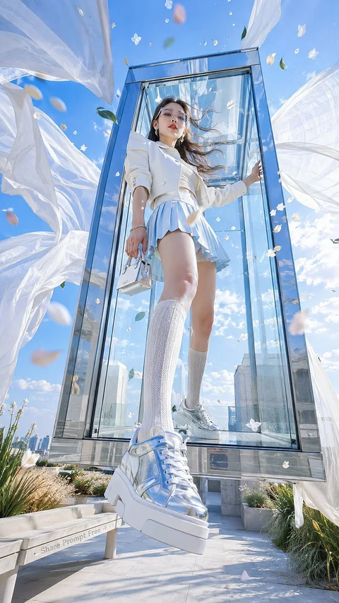 A woman wearing a pale outfit stands in a tall transparent booth amid floating white fragments.