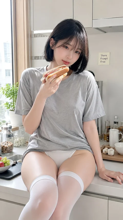 A woman in an oversized gray T-shirt and white socks sits on a kitchen counter eating a sandwich.
