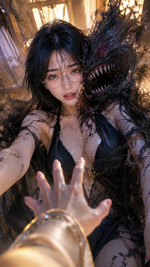 A woman in glasses reaches toward an armored hand while a dark, toothy creature looms behind her.
