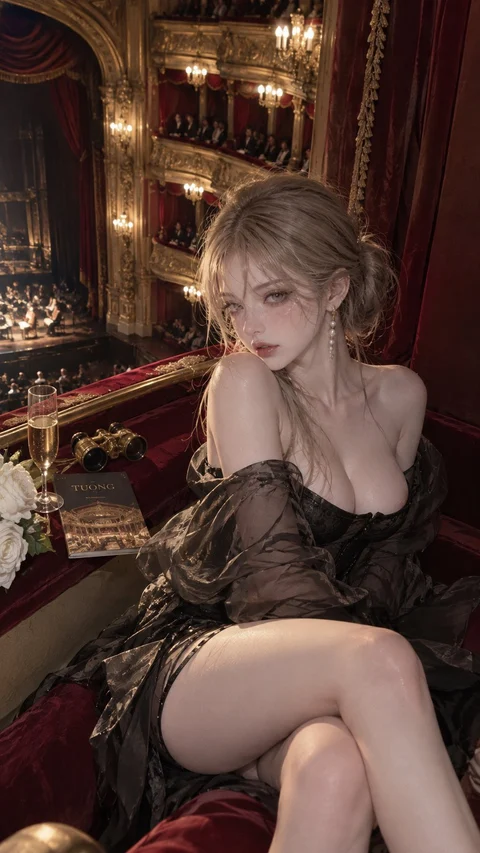 A blonde woman in a dark lace dress sits in a red upholstered seat overlooking an ornate theater.