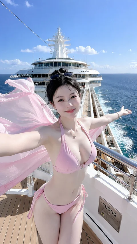 A woman in a pink bikini spreads her arms on a cruise-ship deck as a pink wrap billows in the wind.