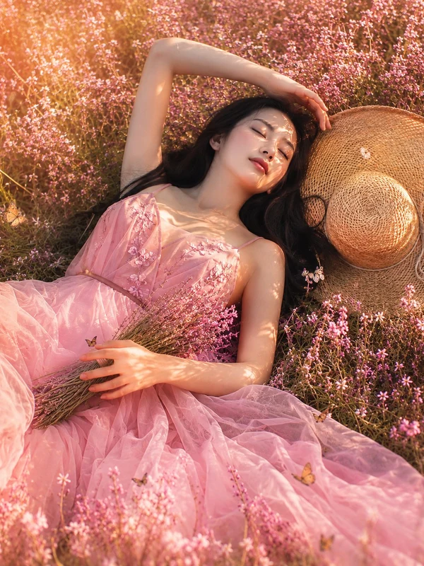 Woman in a pink dress resting among sunlit flowers