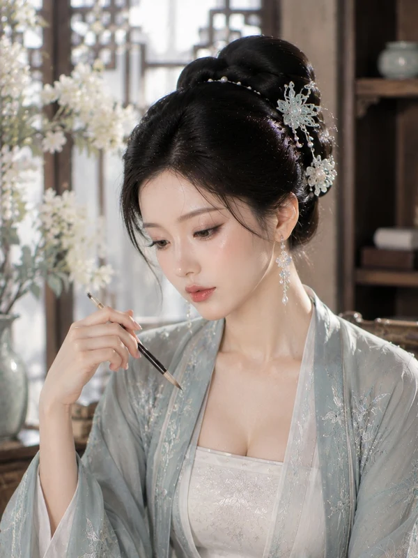 Woman in traditional clothing writing beside a window