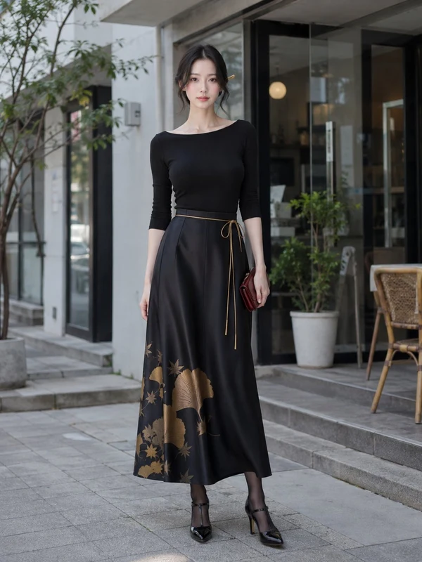 Woman in a dark knit top and patterned skirt outside a cafe