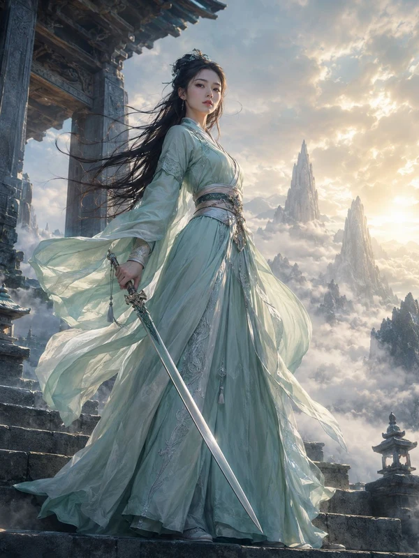 Woman in a teal fantasy outfit above a mountain valley