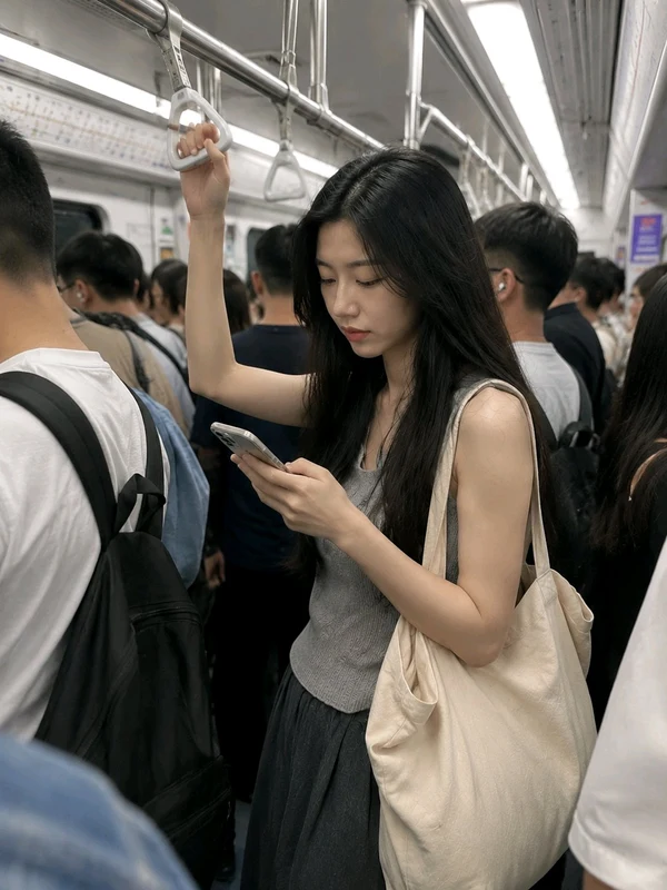 Woman in a dark knit top standing inside a train